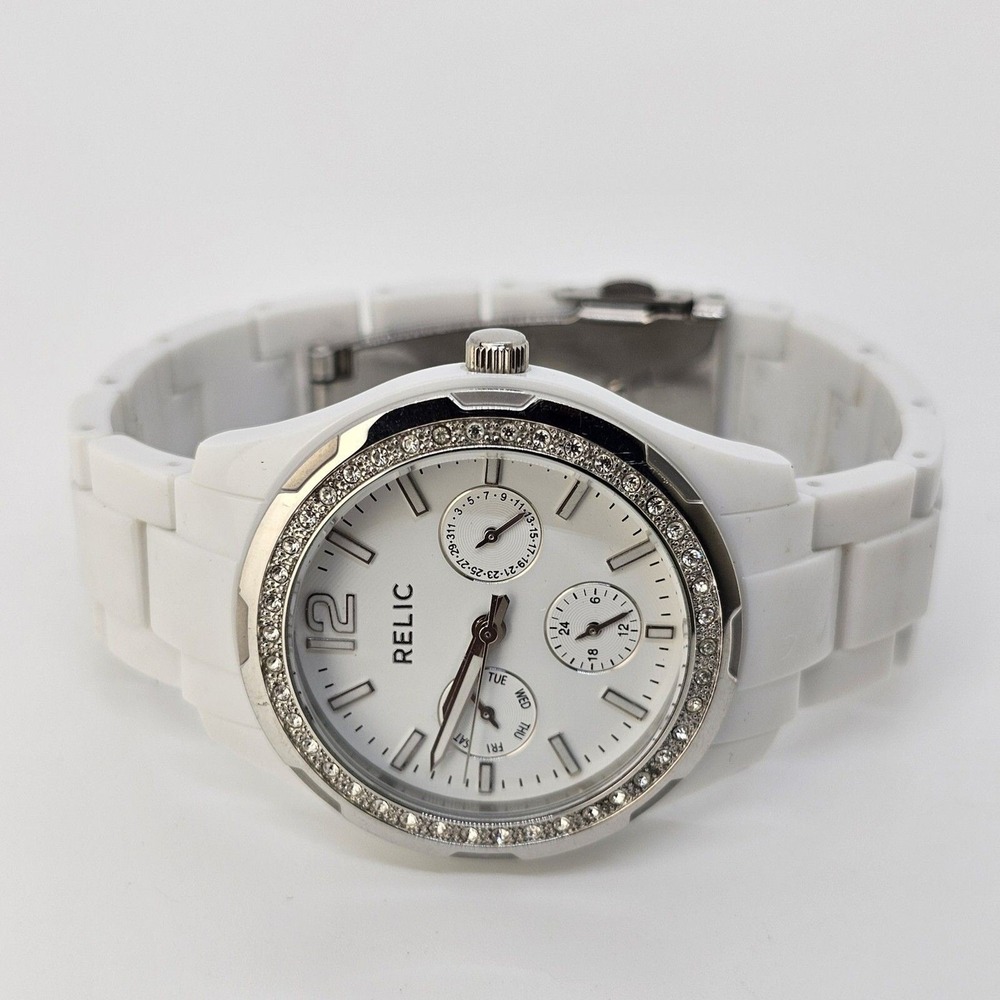 Relic Watch Women 38MM White Dial‎ Day Date White Band 6" Wrist New Battery - Picture 6 of 12